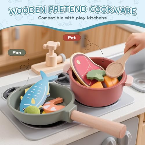 Wooden Play Kitchen Accessories, Pretend Play Food for Kids with Dishes