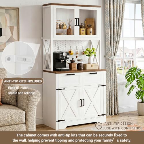 Unikito 71" Kitchen Pantry Cabinet with LED Light & Outlet, Microwave Stand - color: White+rusitc, size: 32 Inch