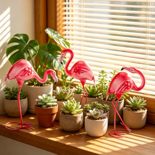 3Pcs Pink Flamingo Garden Statues 15" Metal Flamingo Luau Party Decorations - color: 3 Pack Flamingo