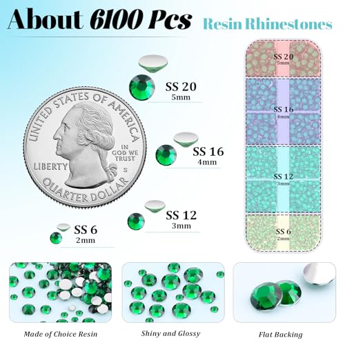 6100Pcs Resin Rhinestones for Crafting with 2Pcs 10ml B7000 Jewelry Glue, 1 Box Flatback Crystals Diamond (Emerald Green) for Bedazzling Crafts DIY Nail Art Non Hotfix Gems for Clothing Shoes - color: Emerald Green, size: 1 Small Pack + 2Pc Glue