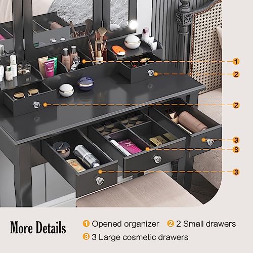 Vanity Desk with Mirror and Lights Makeup Vanity with Lights Table with Light Makeup Vanity with Drawers Black Girls Vanity Set with Mirror and Stool - style: Black