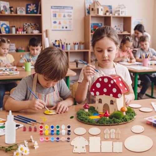 Kathfly 8 Sets Wooden Fairy House DIY Craft Kit for Kids with Paints & Decorations,Unpainted Miniature Garden Accessories for Home Event Party Decorations, Arts Birthday Party Favor (Mushroom Houses) - color: Mushroom Houses