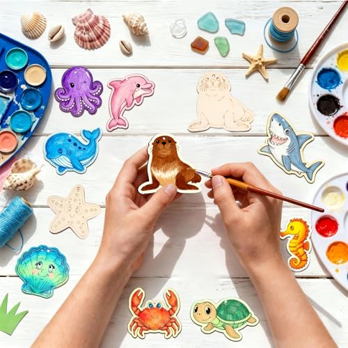 80PCS Unfinished Ornament Wood Crafts, Painting Blank Wooden Cutouts - color: Sea