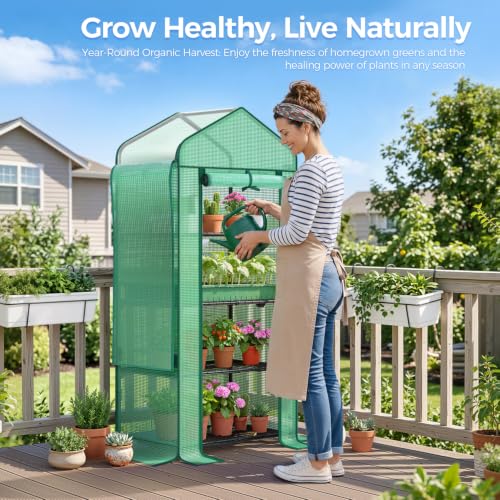 Mini Greenhouse with Screen Roof, Ohuhu Upgraded Portable 4 Tier Small Greenhouses for Outdoors Indoor with Reelable Door, Heavy Duty Plastic Green House for Outside Garden Patio Yard Porch Balcony - color: Green, size: 4 Tier Dual Layer Roof