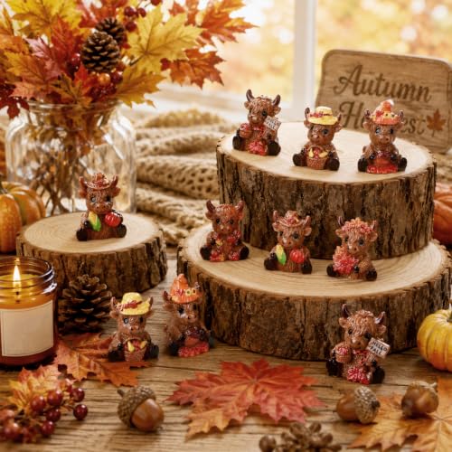 Yaomiao 60 Pcs Mini Fall Highland Cow Figurines Resin Highland Cow Statues - style: Fall Highland Cow