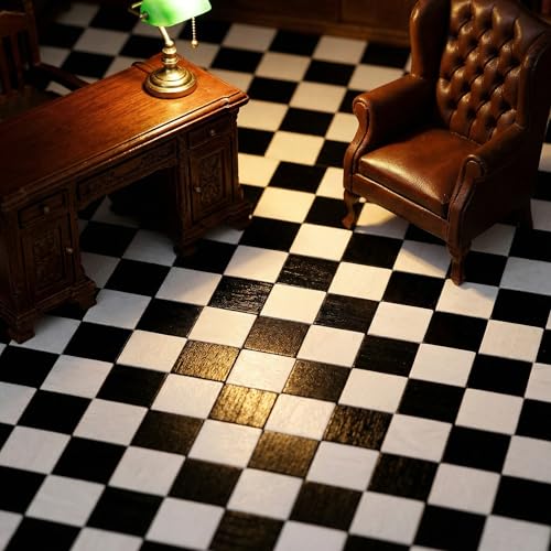Toyvian 27 Pcs Dollhouse Miniature Flooring Tiles, 1:12 Scale Wooden Floor Boards - Black & White Checkered Design - Mini Dollhouse Furniture Accessories for Kids DIY Crafts (Pack of 2) - size: 3x3cm (Pack of 2)
