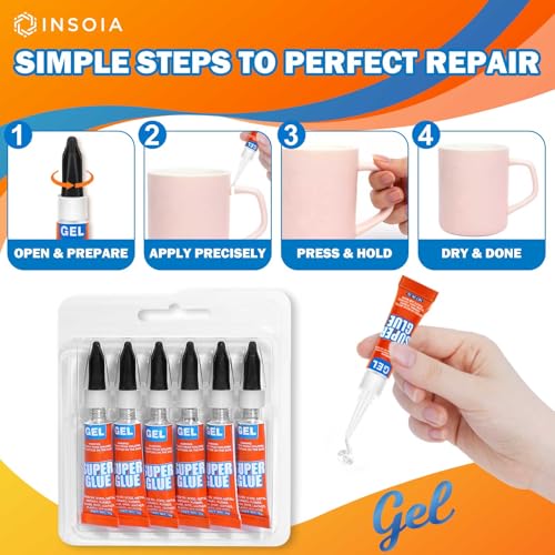INSOIA Super Glue Gel Clear, 6 x 3g, All Purpose Non-Drip Single-Use - style: Gel