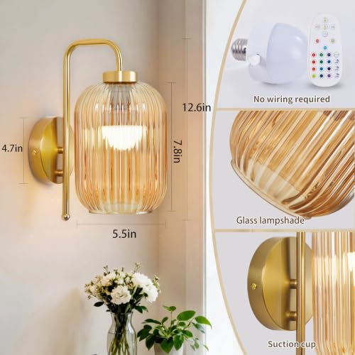 Wall Sconces Battery Operated,Rechargeable Wall Light with Glass Shade - color: Gold-Amber Shade