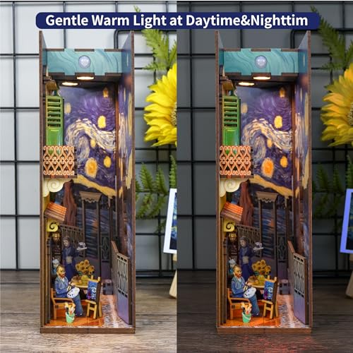 Tonecheer DIY Book Nook Kit for Adults,3D Wooden Puzzle Bookend Bookshelf Insert Library Decor, Booknook Miniature House Kit with Body Motion Sensor LED Light (Vincent's World) - color: Vincent's World