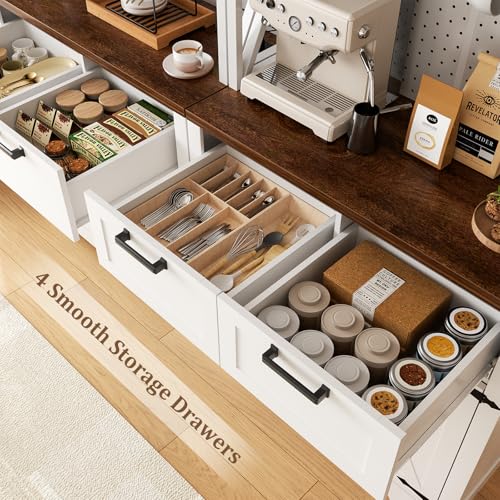 Unikito 71" Kitchen Pantry Cabinet with LED Light & Outlet, Microwave Stand - color: White+rusitc, size: 63 Inch