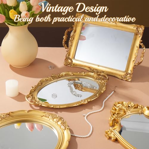 4 PCS Vintage Gold Mirror Set Vintage Mirrors for Wall Antique Shield Shape Square Oval Decorative Mirror Jewelry Dresser Organizer Tray for Living Room Bedroom Wedding Desktop Photography Decoration