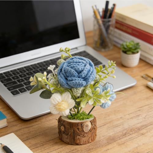 Crochet Blue Rose Flowers Bouquet for Women Office Desk Decor - color: Blue Rose