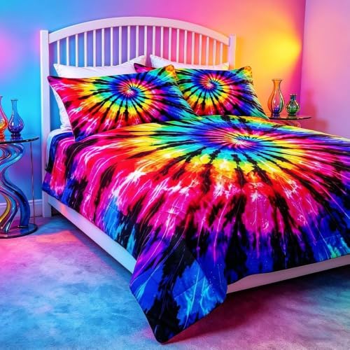 BlessLiving 3-Piece Tie Dye Geometric Comforter Set (Twin), Bohemian Style, Microfiber Bedding for Kids/Girls/Boys - color: Black Purple Blue, size: Twin/Twin XL