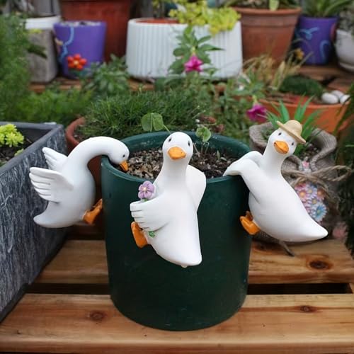 3 PCS White Goose Statues Pot Hugger Decorations for Plant, Miniature Duck Garden Decor Outdoor Women Gifts Figurines Plant Hangers Decor for Flower,Yard,Lawn Ornaments (White) - color: White