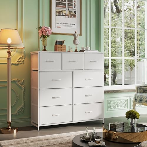 WLIVE Tall Dresser for Bedroom, 9 Drawer Chest of Drawers, White - color: White