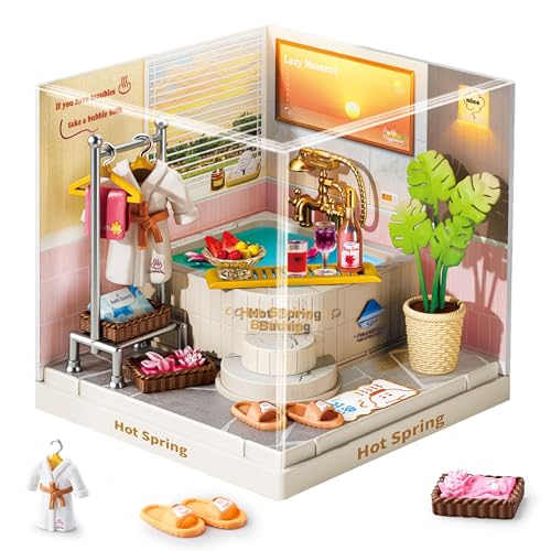 Japanese Hot Spring Bathroom Super Miniature House Kit - DIY Plastic 3D Model Building Set for Teens, Build Your Own Spa Bathroom with Dustproof Case, Creative Craft Gift for Girls Women - color: Hot Spring, size: Small
