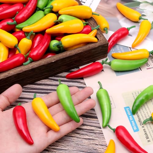 Gresorth 60 Pcs Artificial Mini Chili Pepper Decoration Fake Vegetables - color: Red, Green, Yellow