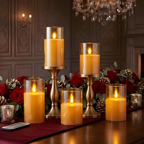 NICEME Amber Flickering Flameless Candles Battery Operated Acrylic LED Pillar Candles with Remote Control and Timer Flameless Halloween Candles for Thanksgiving Christmas New Year Home Decor, Set of 5 - color: Ivory + Amber Acrylic, size: D 3”×H 4”4”5”5”6