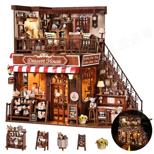 DIY Miniature House Kit, Dollhouse Fantastic Corner Shop for Adults to Build, Birthday/Christmas Day Gift for Family and Friends, Prefab Tiny Home with LED Lights,Corner Dessert House - color: Corner Dessert House