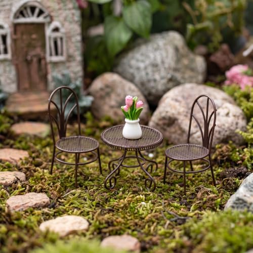 Miniature Bistro Table and Chair Set with Tulip Pot, Brown - color: Brown