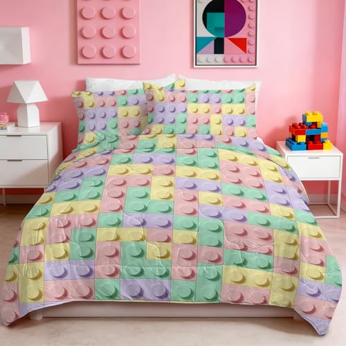 BlessLiving Girls Building Block King Comforter Set Pastel Toy Brick Bedding Set Kawaii Colorful Soft Pink Mint Lavender Microfiber Comforter Cozy Lightweight Bed Set for Girl Dorm Bedroom - color: Macaron Building Blocks, size: King
