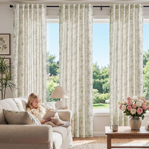 jinchan Linen Curtains 96 inch Green Floral Farmhouse Rod Pocket 2 Panels - color: Amlie Green, size: 50"W x 96"L (Pack of 2)