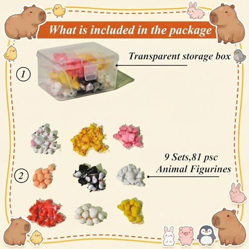 81pcs Garden Miniatures Animal Figurines Accessories, 9 Sets of Resin Animals Variety Pack for Fairy Garden and Wildlife, Mini Animals Micro Landscape Farm Decor