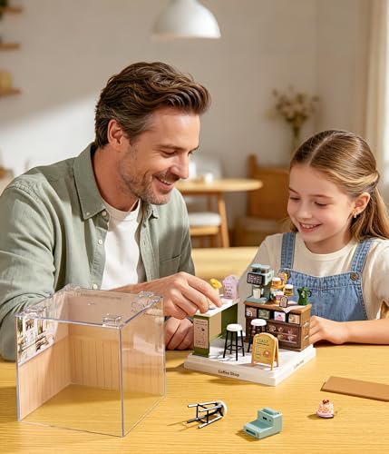 Coffee Shop Super Miniature House Kit - DIY Plastic 3D Model Building Set for Teens, Build Your Own Cozy Café with Coffee Machine & Dustproof Case, Creative Craft Gift for Girls Women - color: Coffee Shop, size: Small