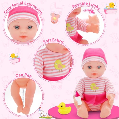 deAO 12" Baby Doll Bath Playset Functional Bathtub Detachable Shower - color: Pink