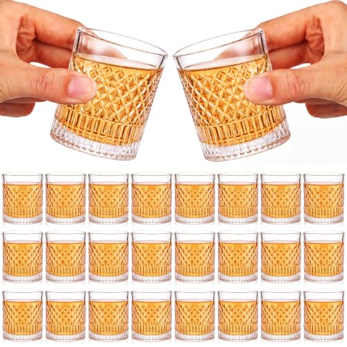 Meanplan 24 Pcs Mini Whiskey Tasting Set - 3.4oz Heavy Base Crystal Rocks Glasses - Vintage Engraved Small Bourbon & Whiskey Tasters for Bar, Parties, and Flight Samplings (Diamond Cut) - style: Diamond Cut