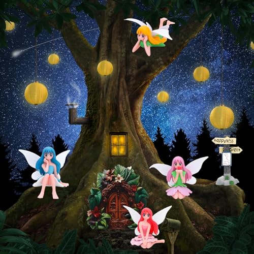 ONEST 6 Pieces Miniature Fairy Garden Accessories Small Fairy Figurines Hand Painted Fairies Figures for Car Decor Garden Flower Pot Birthday Cake Topper - style: Fairy and Door B