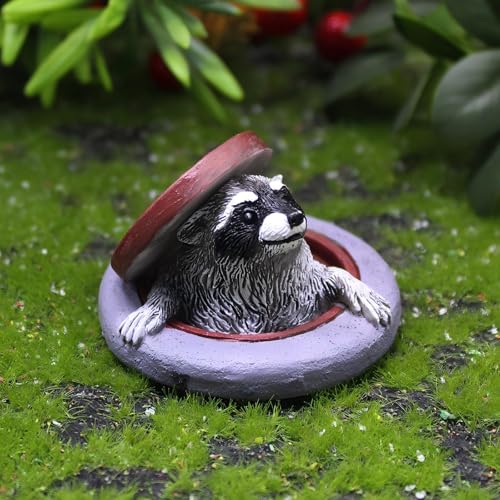 Miniature Raccoon Garden Statue, Fairy Decor with Manhole Cover Design, Cute Raccoon Figurine for Outdoor Plant Pot, Tiny Fairy Garden Accessories, Gift for Mom Grandma Girls Boys - color: Miniature Raccoon