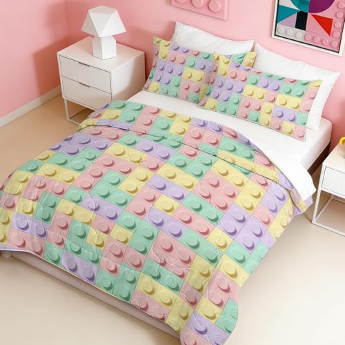 BlessLiving Building Block Comforter Set Twin - color: Macaron Building Blocks, size: Twin/Twin XL