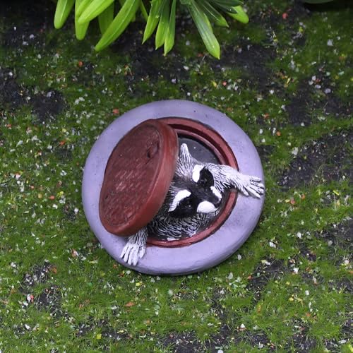 Miniature Raccoon Garden Statue, Fairy Decor with Manhole Cover Design, Cute Raccoon Figurine for Outdoor Plant Pot, Tiny Fairy Garden Accessories, Gift for Mom Grandma Girls Boys - color: Miniature Raccoon