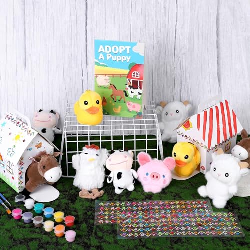 31 Pieces Adopt Farm Animal Party Favors 12 Mini Plush Pet Farm Animals with Keychain Include Adopt a Puppy Sign DIY White House, Paint Brushes Stickers for Birthday DIY Craft Party Gifts