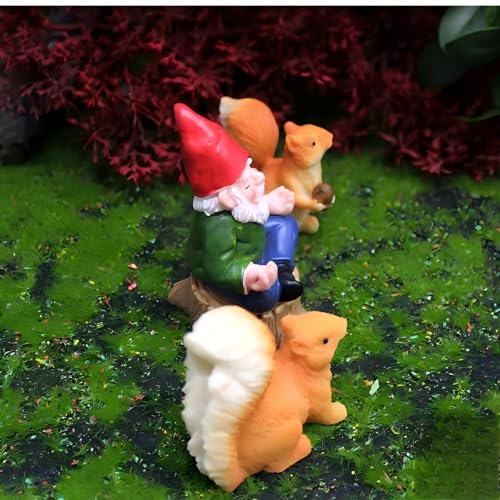 Miniature Garden Gnome with Squirrels, Meditation Fairy Garden Decor Set, 3 inch Tiny Gnome Figurine with 2 inch Squirrels, Plant Pot Decor 3-Piece - style: Meditation Gnome with Squirrels