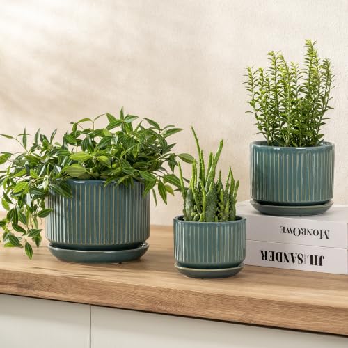 SURE YUESI Ceramic Plant Flower Pots for Indoor Plant, 4.33"+5.5"+6.88", Set of 3, Orchid Pot with Drainage Hole, Saucer and Hole Mesh Pad for Succulents, Herbs and African Violet (Light Blue) - color: Light Blue