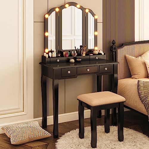 Vanity Desk with Mirror and Lights Makeup Vanity with Lights Table with Light Makeup Vanity with Drawers Black Girls Vanity Set with Mirror and Stool - style: Black