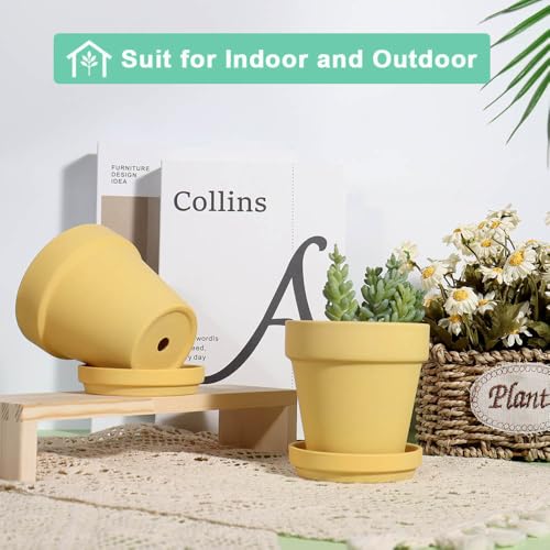 vensovo 4 Inch Yellow Terracotta & Clay Pots with Saucer, 6 Pack - color: Yellow