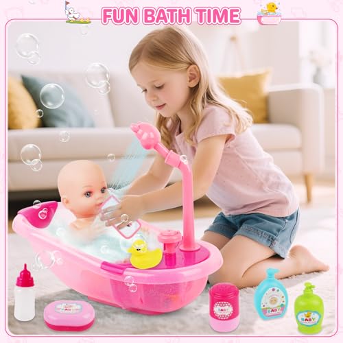 deAO 12" Baby Doll Bath Playset Functional Bathtub Detachable Shower - color: Pink