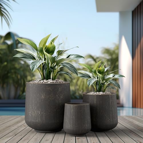 Kante Set of 3 Vintage BRN Concrete Curved Planters 16.5" 13" 9.4" Dia - color: Oil Rubbed Bronze, size: Set of 3: 15.3" + 11.6" + 8.2" D