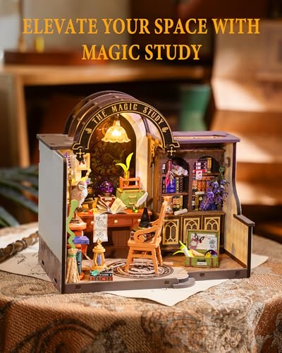 Rowood Magic Study Miniature House Kit, DIY Miniature Dollhouse Kits for Adults, Wizard Mini House Craft Kits for Women with LED, Halloween Christmas Birthday Gift for Adults (The Magic Study) - style: The Magic Study