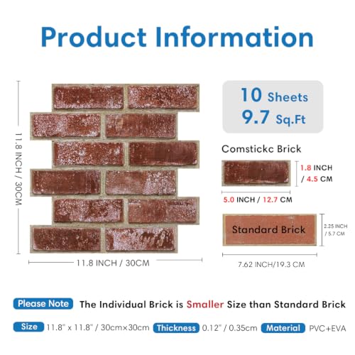 COMSTICKC 3D Faux Brick Wall Panels Peel and Stick, 10 Pcs 11.8" x 11.8" - color: Retro Red