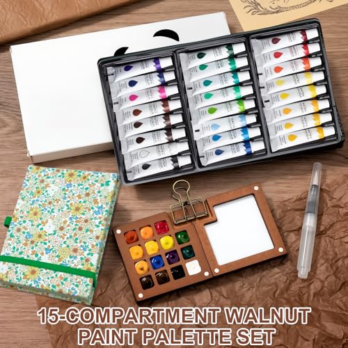 Mini Watercolor Paint Set, Pocket Watercolor Set with 24 Colors Paint, Portable Watercolor Travel Kit for Artists, Beginners & Outdoor Painting, Compact Wooden Palette & Sketchbook in Storage Bag