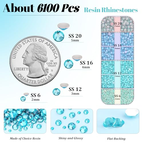 6100Pcs Resin Rhinestones for Crafting with 2Pcs 10ml B7000 Jewelry Glue, 1 Box Flatback Crystals Diamond (Teal Blue) for Bedazzling Crafts DIY Nail Art，Non Hotfix Gems for Clothing Shoes Tumblers - color: Teal Blue, size: 1 Small Pack + 2Pc Glue