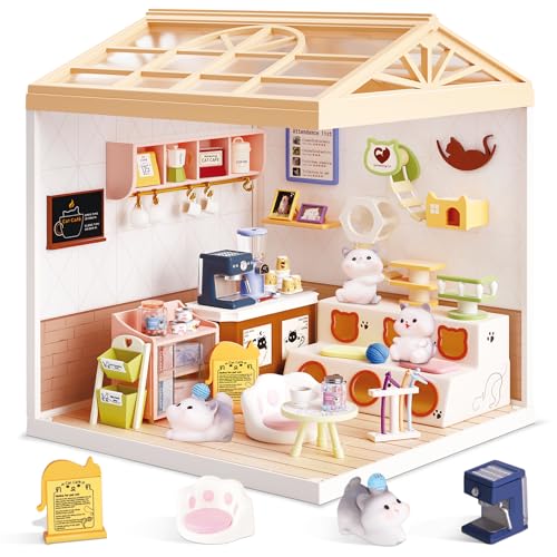 Cat Cafe Miniature House Kit with LED Light, DIY Mini Dollhouse with Roof & Dust Covers for Mini Figures Tiny House Toy for Adults Kids Girls - color: Cat Cafe