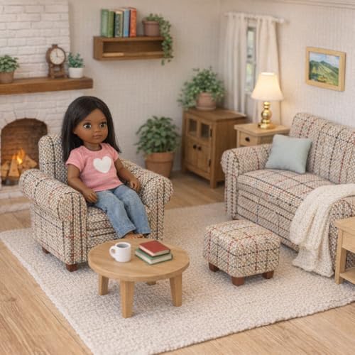 Dollhouse Sofa Armchair Upholstered, Miniature Living Room Furniture Chair, Fabric, Accessories for 6 inch Dolls, 1/12 Scale (Beige Retro) - style: Beige retro