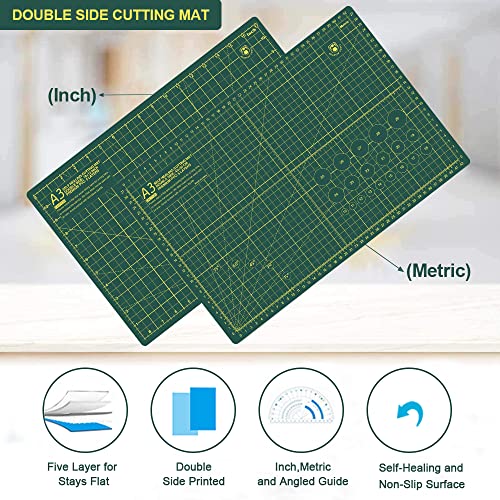 Headley Tools 18"x12" Thickened Self Healing Cutting Mat, A3 Rotary Cutting Sewing Mat for Crafts, Double Sided 5-Ply Table Cutting Board for Fabric Quilting Leather Arts Hobby Project, Green - color: Dark Green, size: 17.7"L x 11.8"W