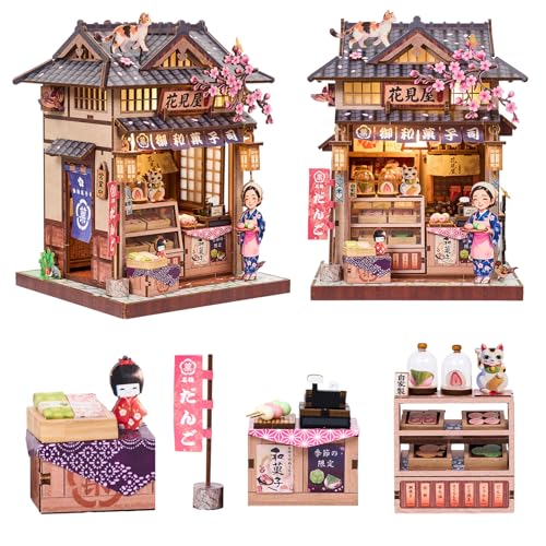 DIY Miniature Dollhouse Kit, Japanese Wagashi Shop 3D Wooden Puzzle with LED Light, Cherry Blossoms & Furniture, Cozy Home Decor, Relaxing Craft Hobby for Adults,Hanamiya - color: Hanamiya