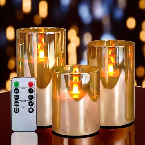 NICEME Radiance Evanescing Flameless Candles with Remote, 3 Pack Glass Battery Operated Candles with Timer, Real Wax Glass LED Candles Flickering Wedding Home Party Christmas D3 x H4 5" 6" Gold - color: White + Gold Glass, size: D 3”×H 4”5”6”
